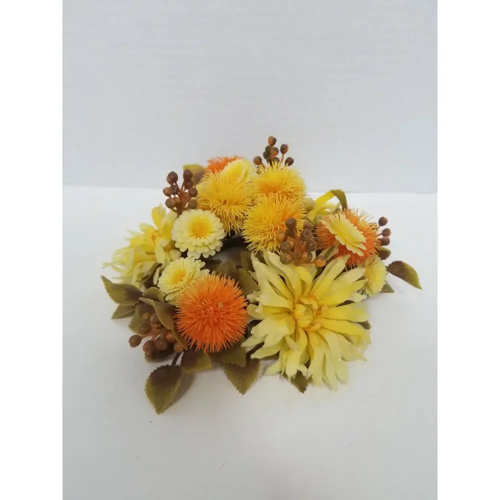 Vintage 70s Yellow and Orange Floral Plastic Candle Ring Summer Autumn 8in